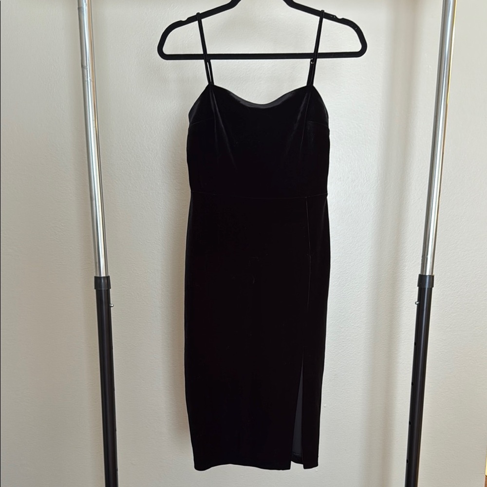Express Black Spaghetti Strap Velvet Dress with Slit